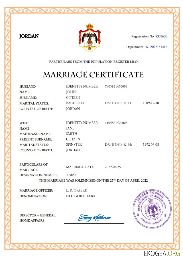 Modèle Word et PDF de certificat de mariage en Jordanie